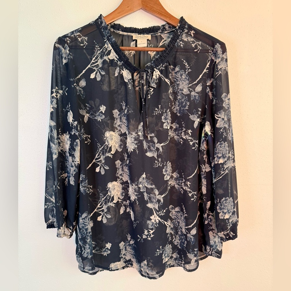 Lucky Brand Floral Peasant Blouse Sheer Navy Tie Neck Top Large